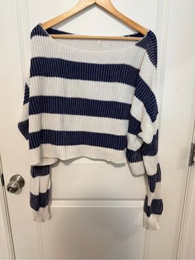 Free People Navy & Cream Oversized Striped Knit Sweater